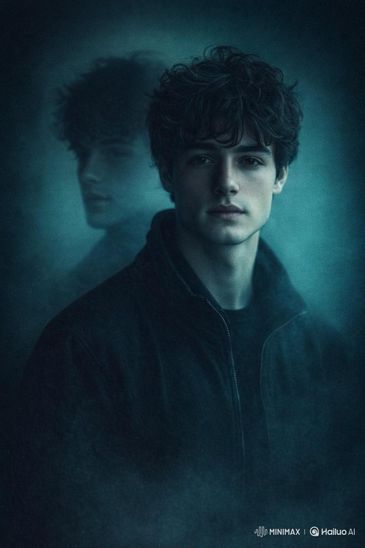 moody cinematic portrait of a man in dark jacket, front faci