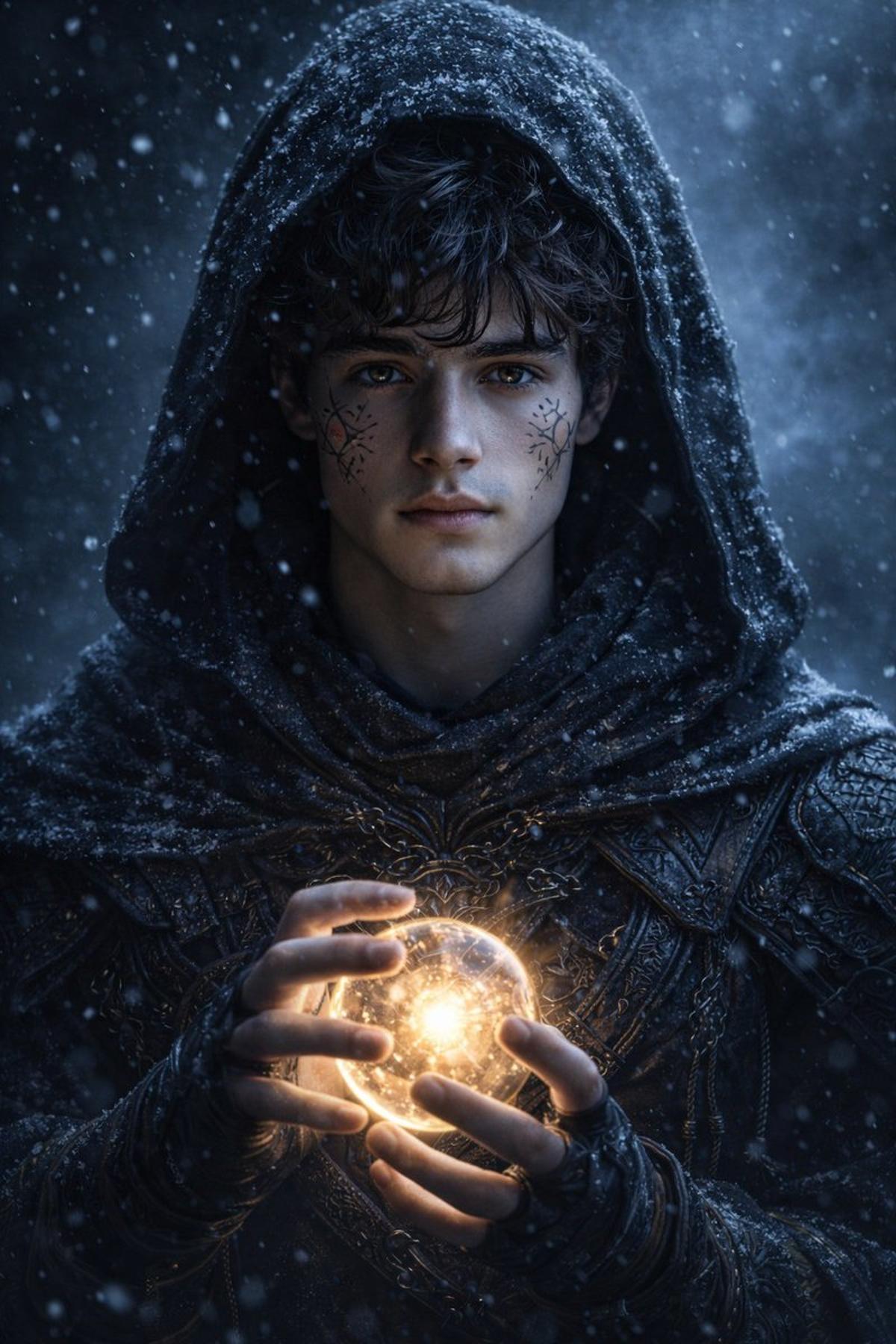 Hyperrealistic dark fantasy portrait of a mysterious hooded