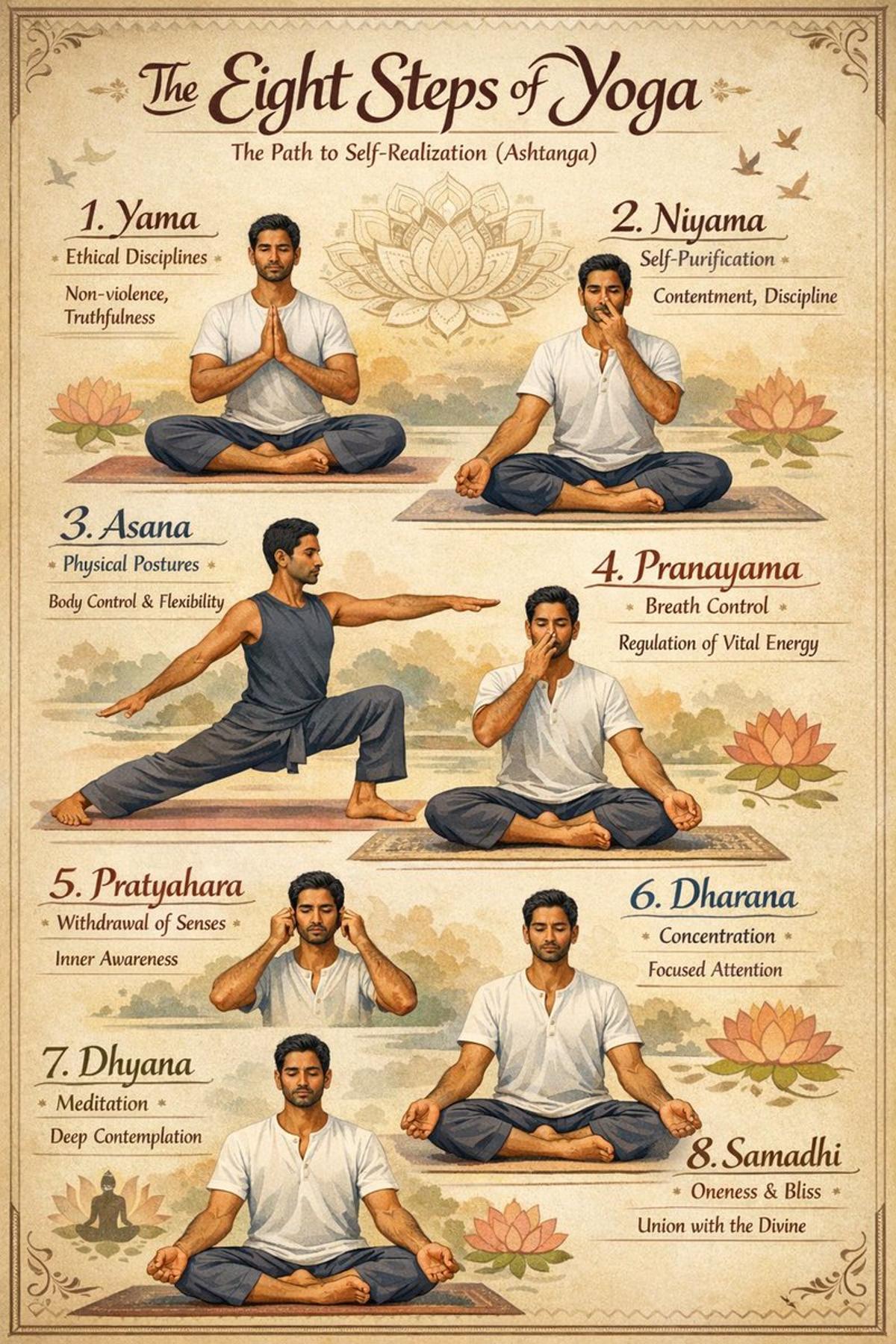 create an infographic with an indian man with different yoga