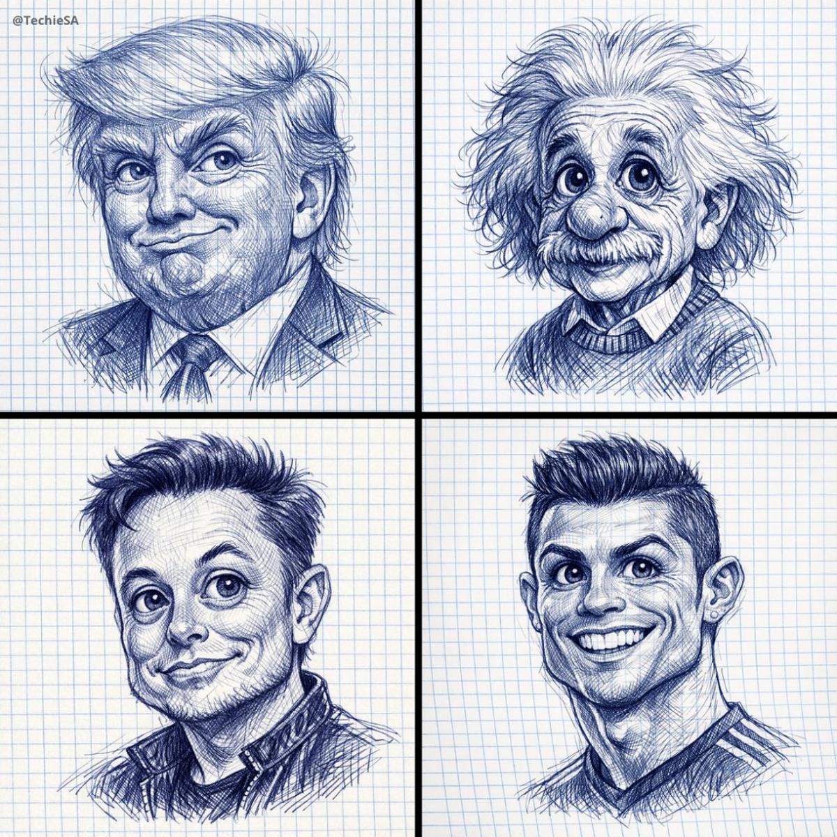A detailed ballpoint pen sketch of [CHARACTER] drawn on chec