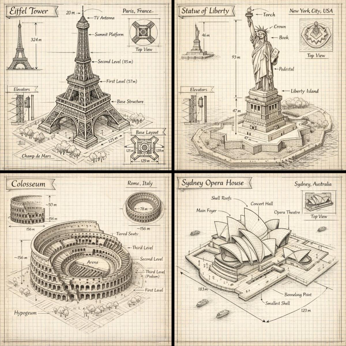 Create a hand drawn isometric schematic diagram of [LANDMARK