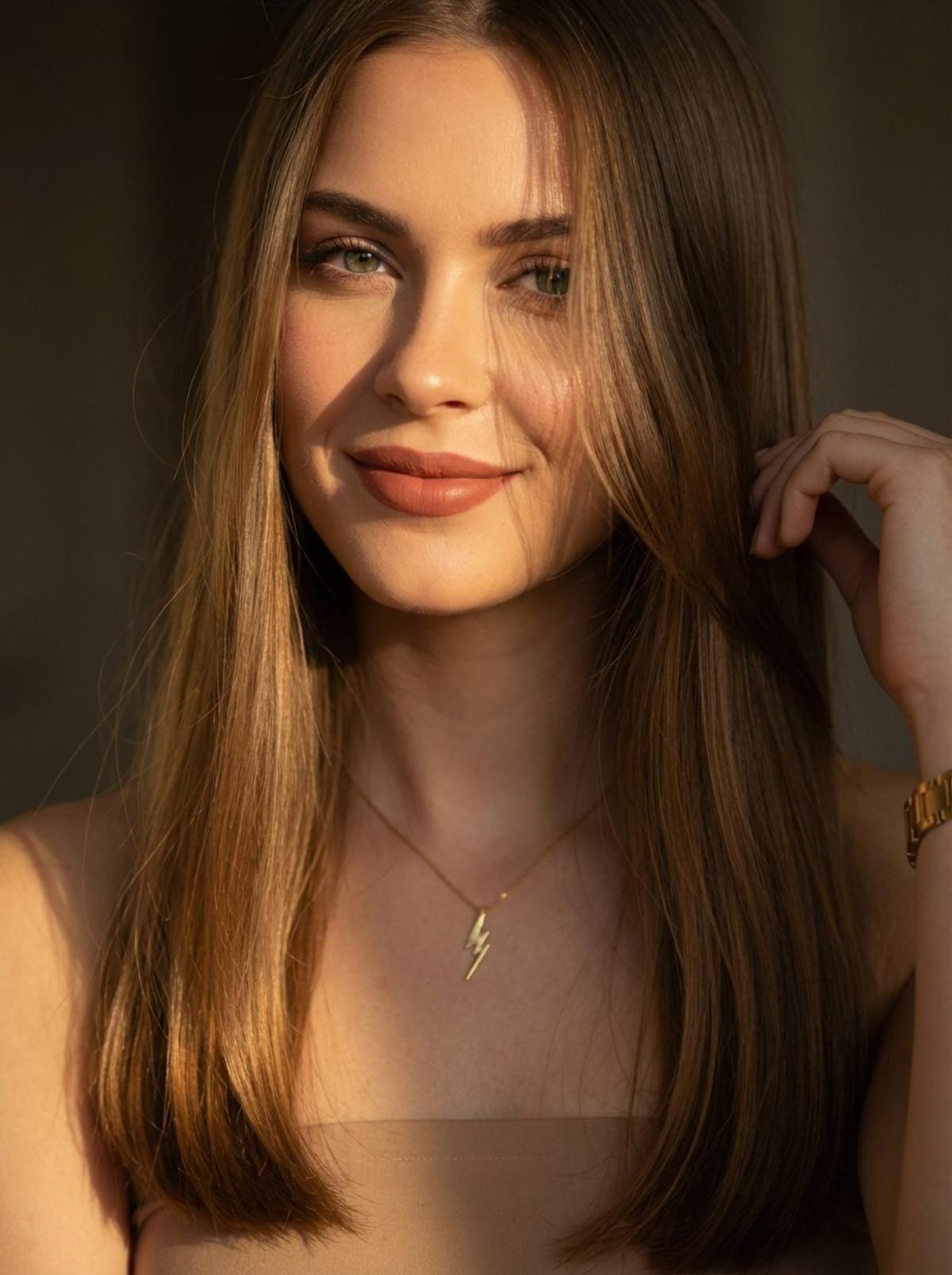 A cinematic close-up portrait of a young woman with long str