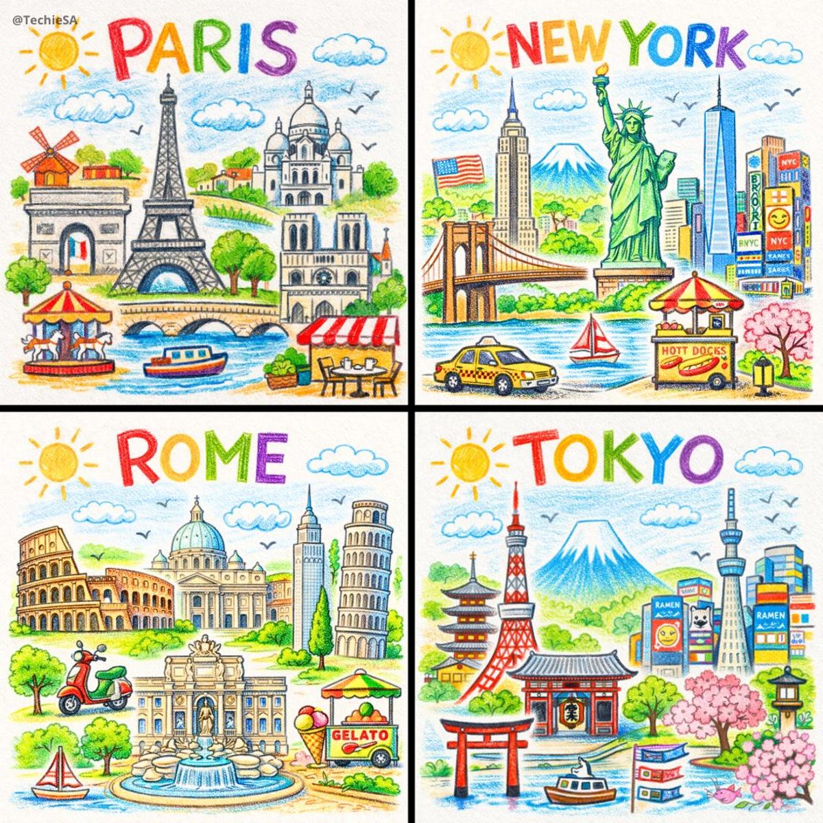 A neat, colorful crayon and colored-pencil drawing of [CITY]
