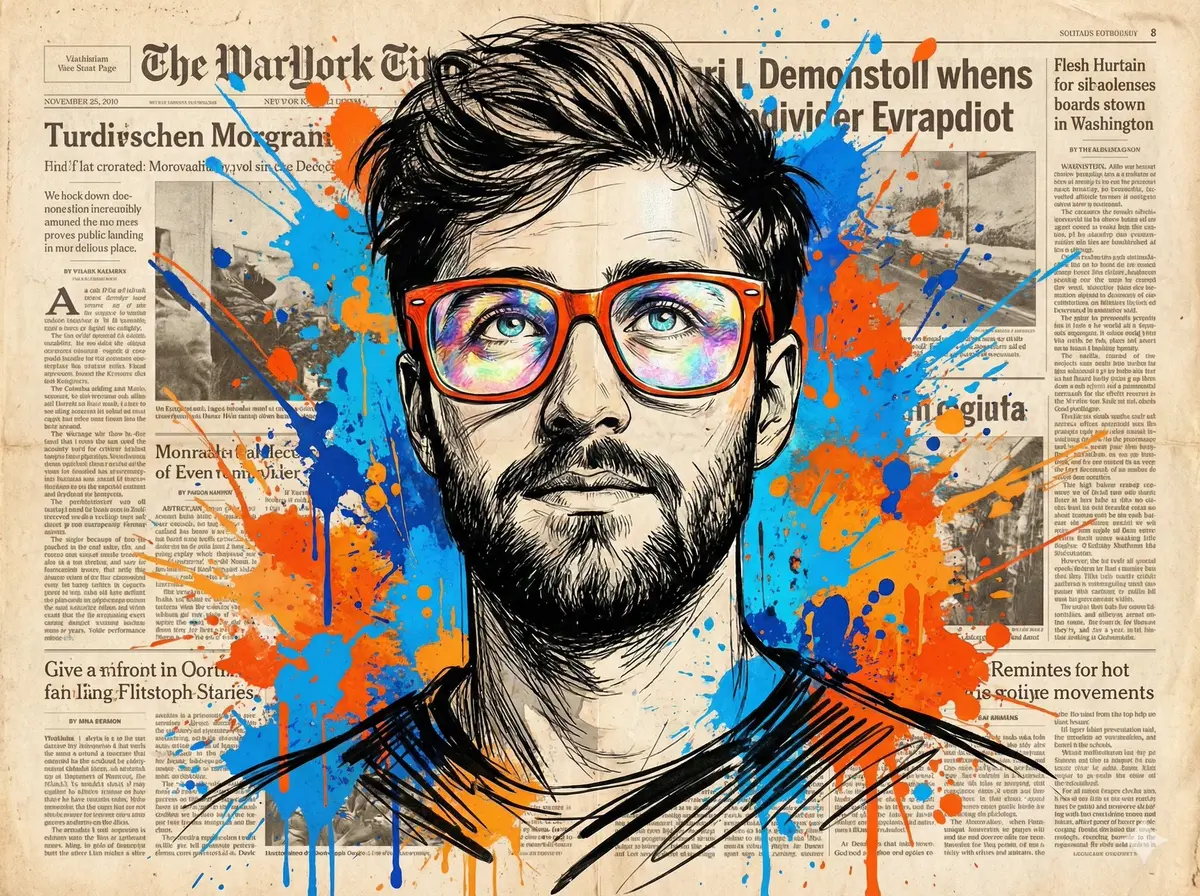 Vibrant expressive portrait of a man looking upwards with wo