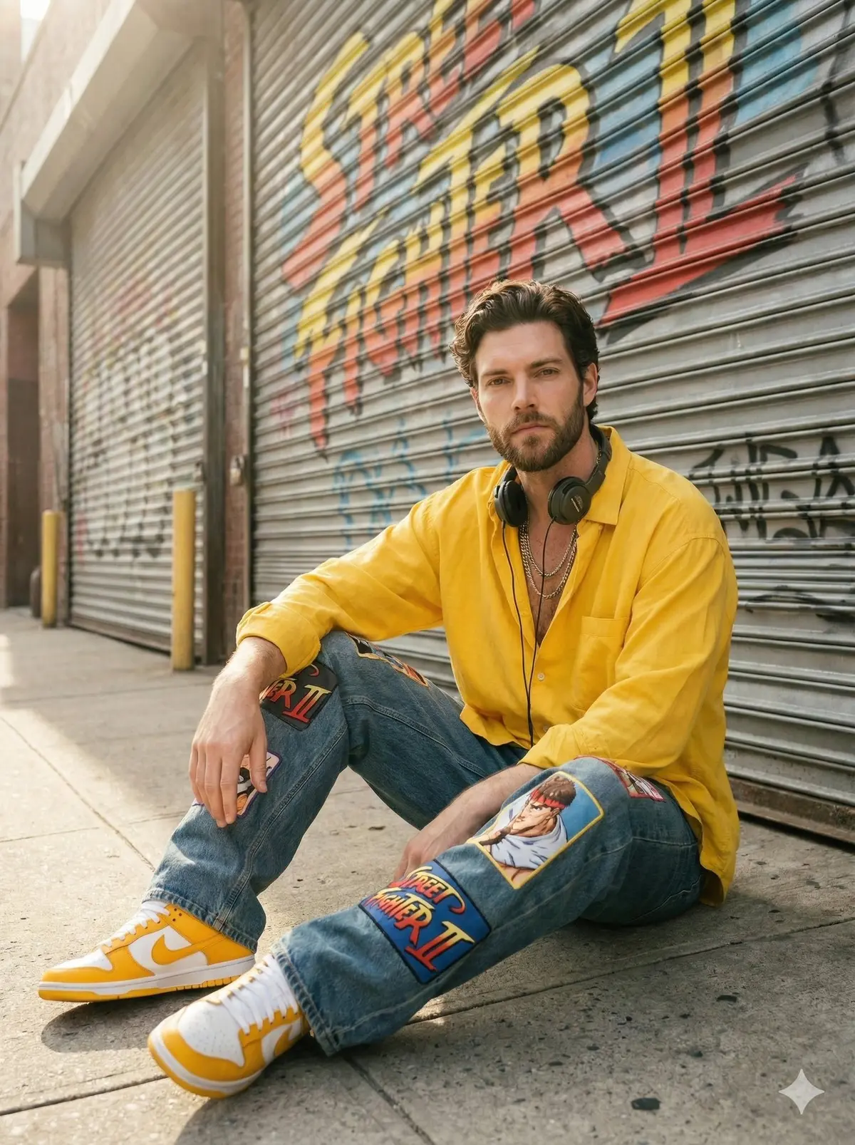 Sunlit urban streetwear portrait of a stylish young man sitt