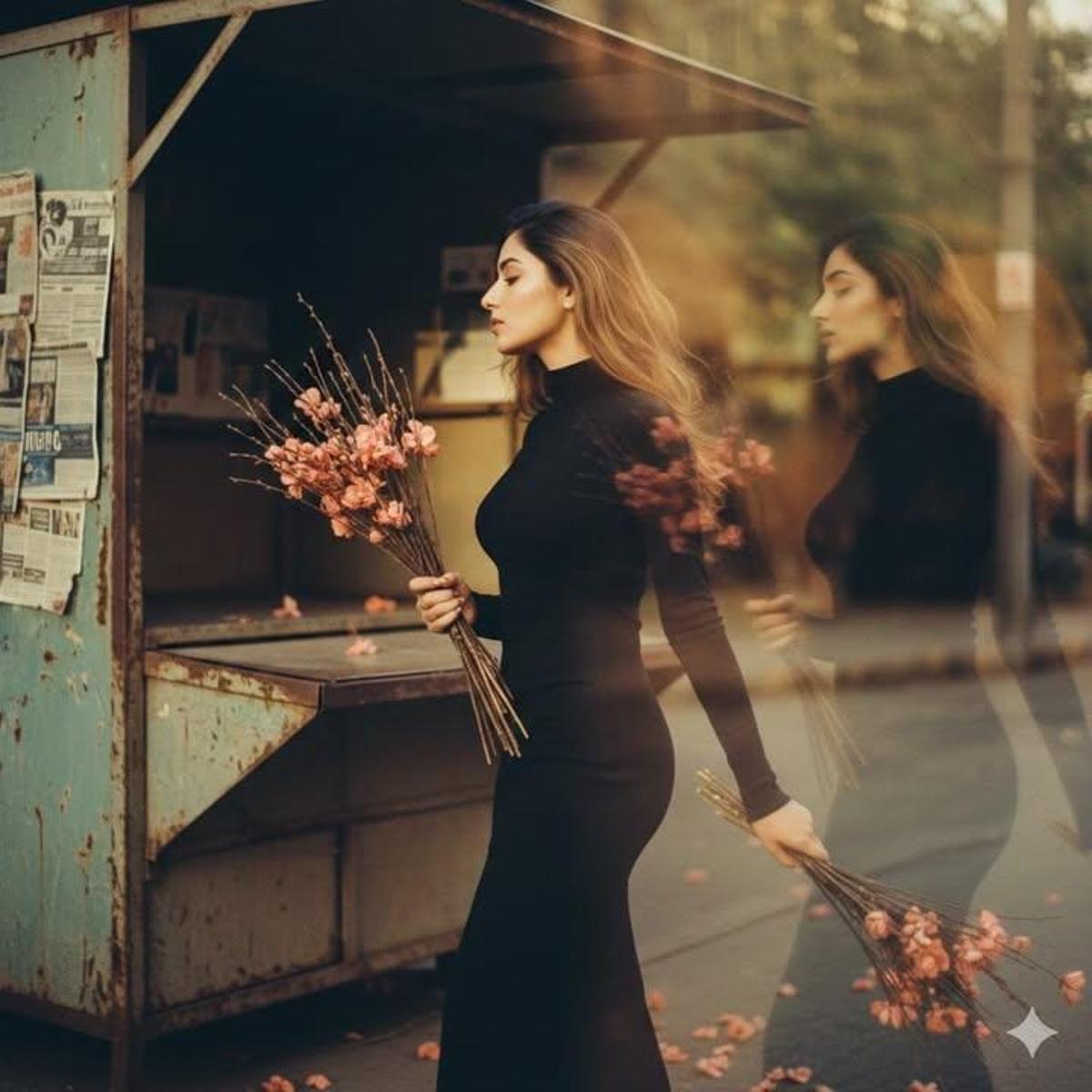 A beautiful young woman in her early 20s wears a high-necked