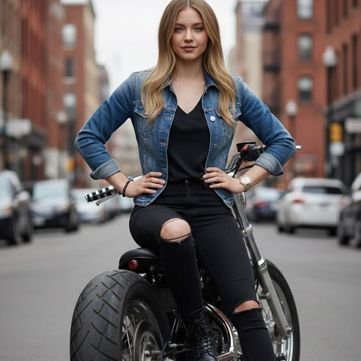 A full-length portrait of a woman with a biker-chic style, s