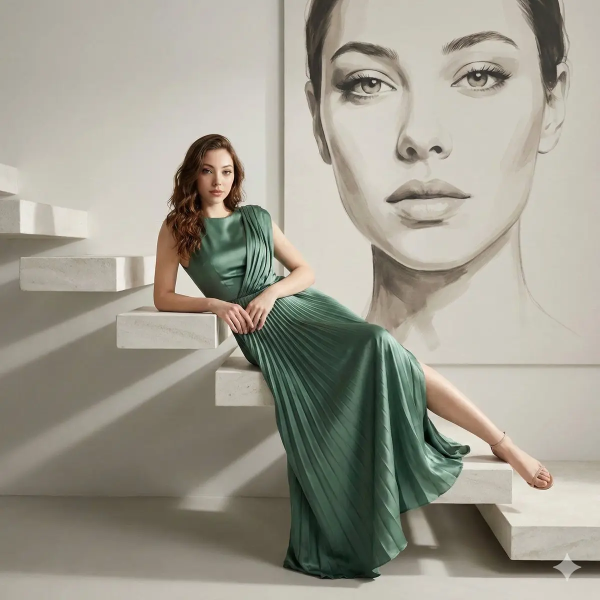 A high-fashion editorial portrait of a woman reclining elega