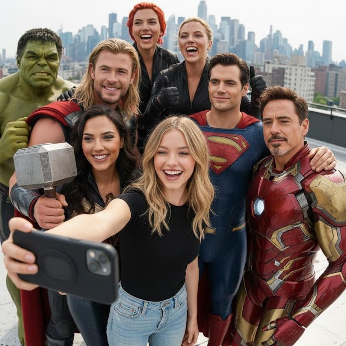 A ultra realistic group selfie, center is the person from th