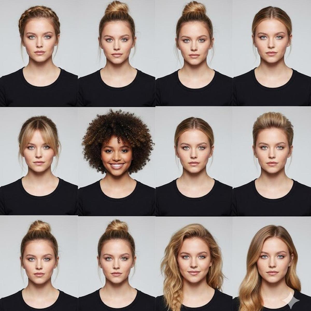A 3×3 grid collage featuring the same female model, each squ