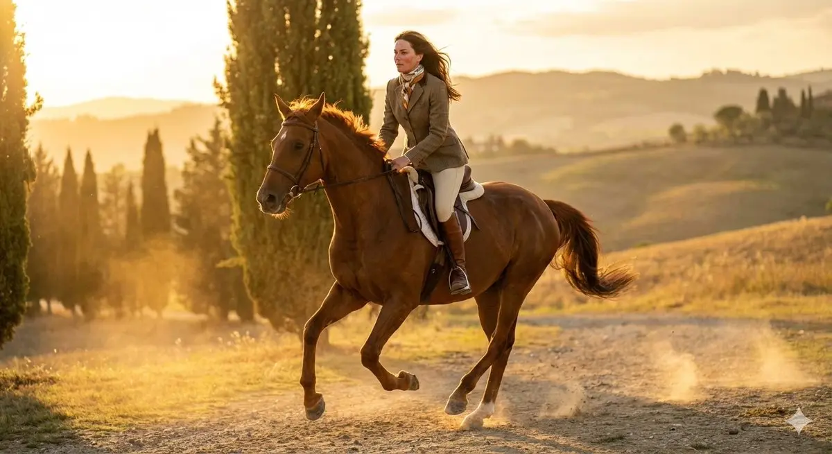 24-year-old female equestrian model riding a galloping chest