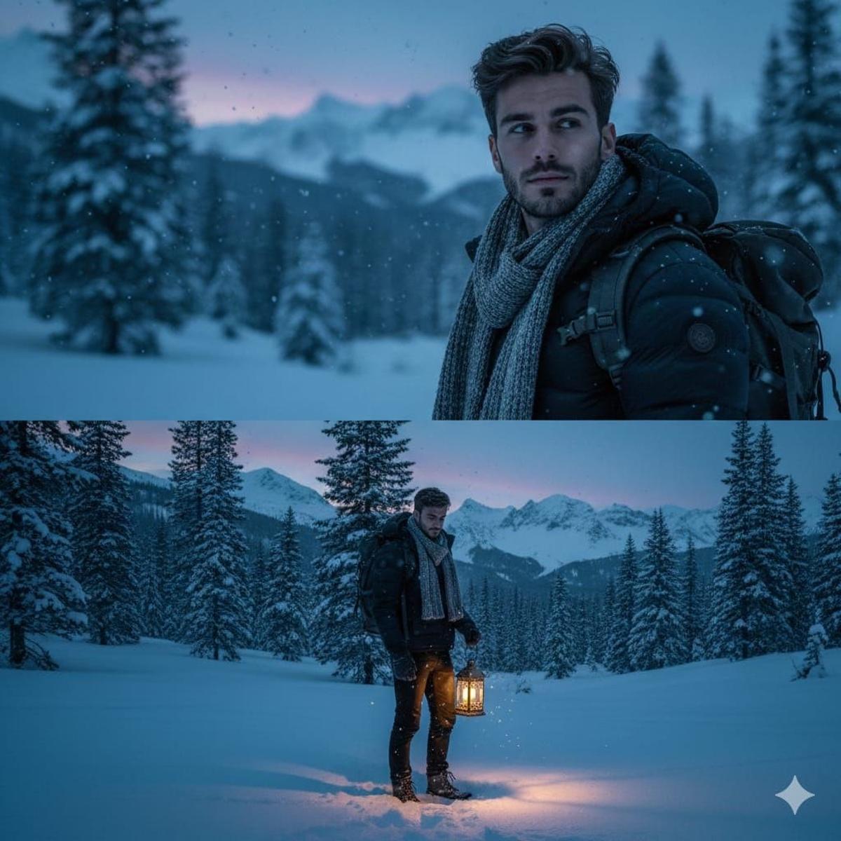 A cinematic winter portrait of a handsome man standing in a
