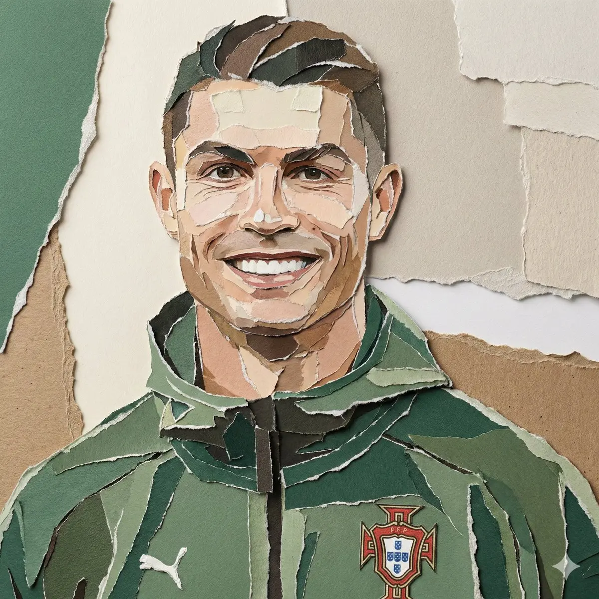 Create a realistic torn paper collage portrait of the subjec