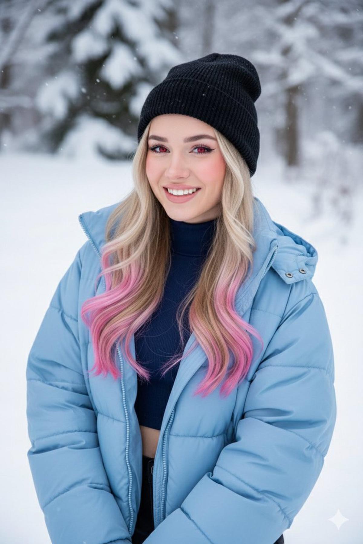 A blonde girl with pink-tipped hair and vibrant red eyes, we