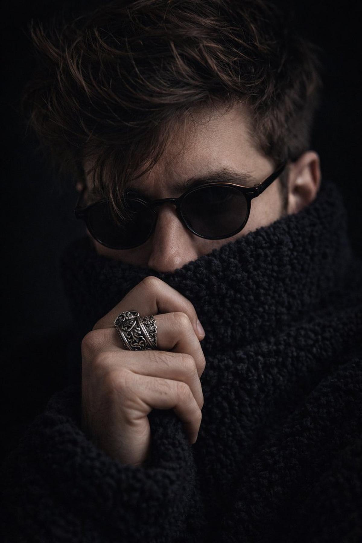 Extreme close-up cinematic portrait of a young man with dark