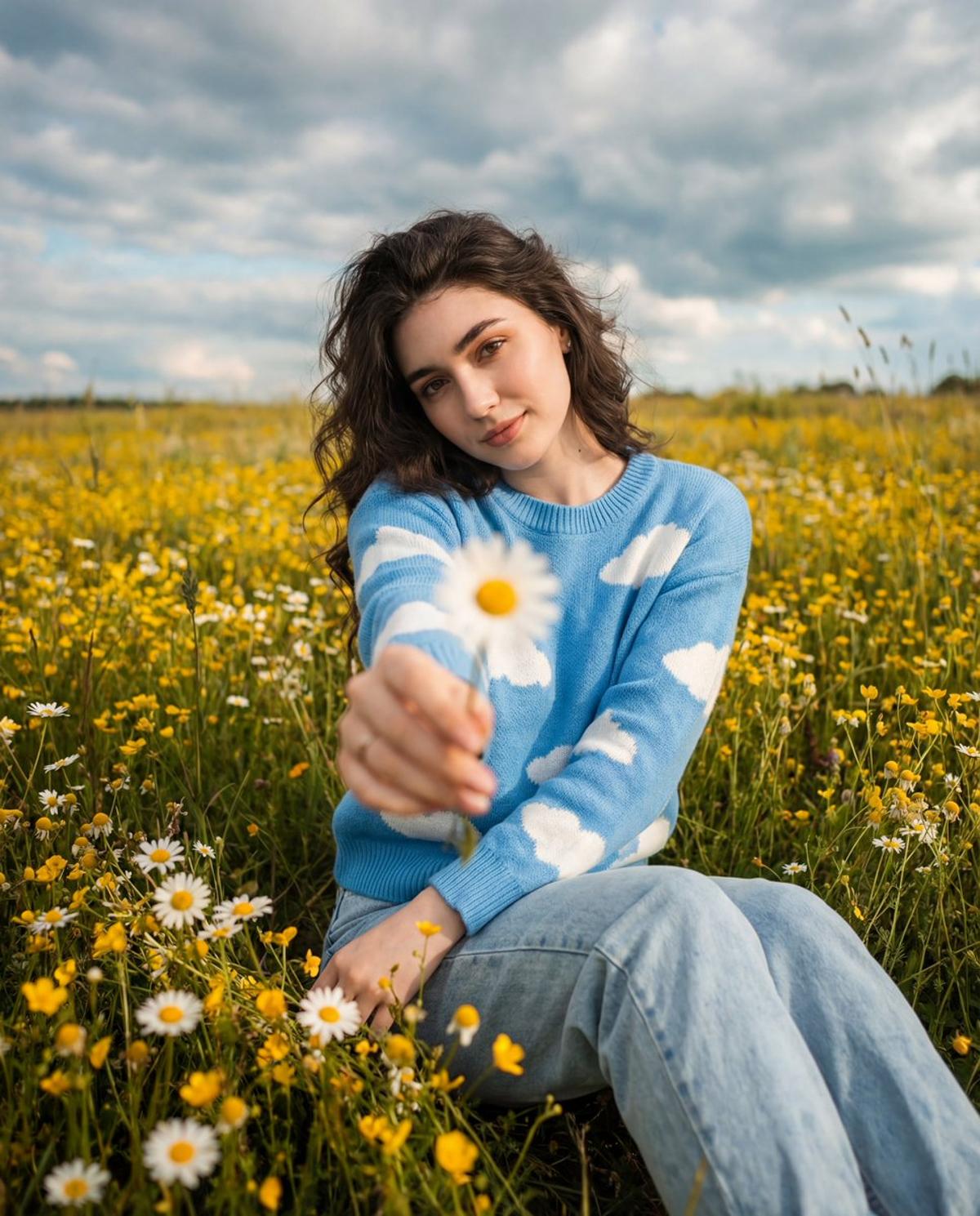 cinematic, wide-angle portrait of her sitting in a wildflowe