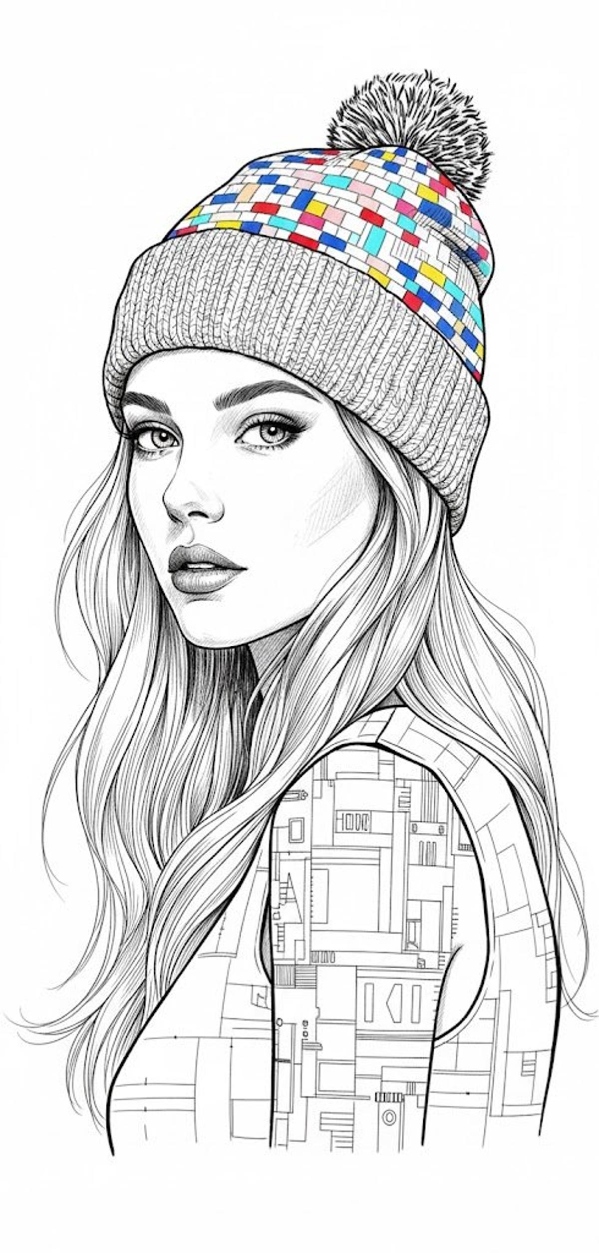 Ultra-detailed black and white ink illustration of a young w