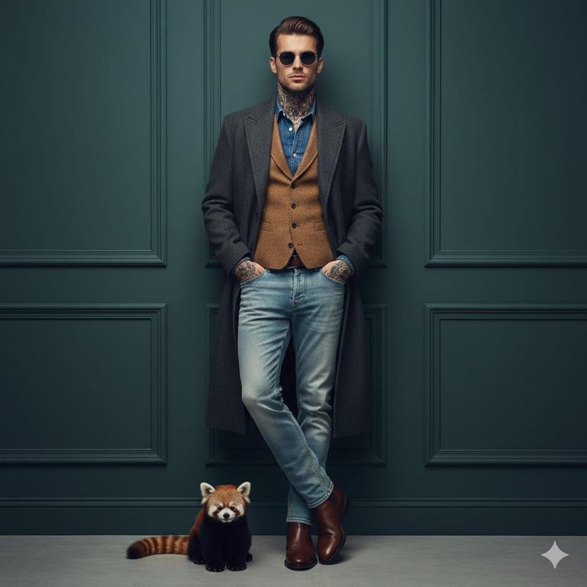 A cinematic fashion portrait of a stylish man leaning agains