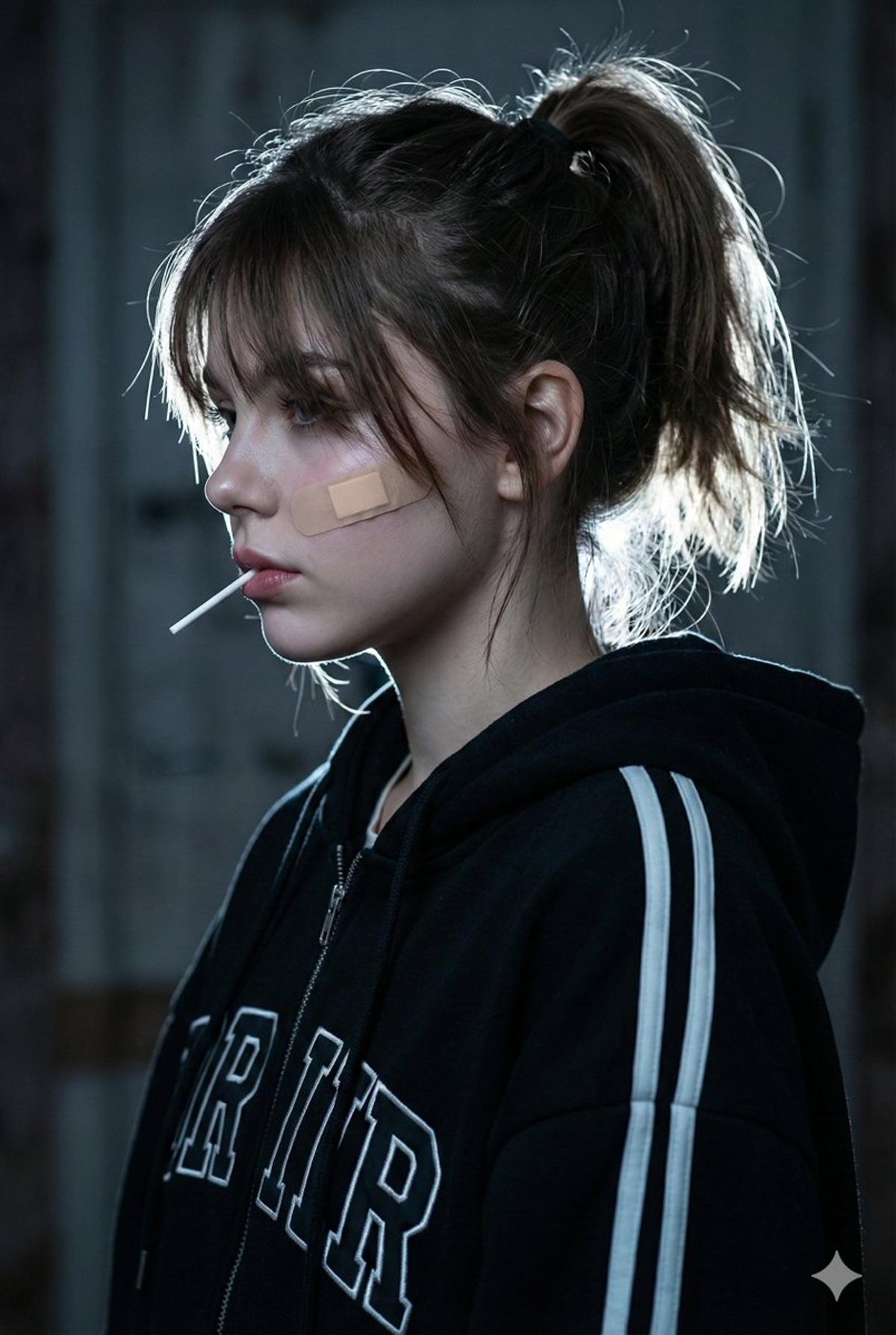A cinematic close-up side profile portrait of a young woman