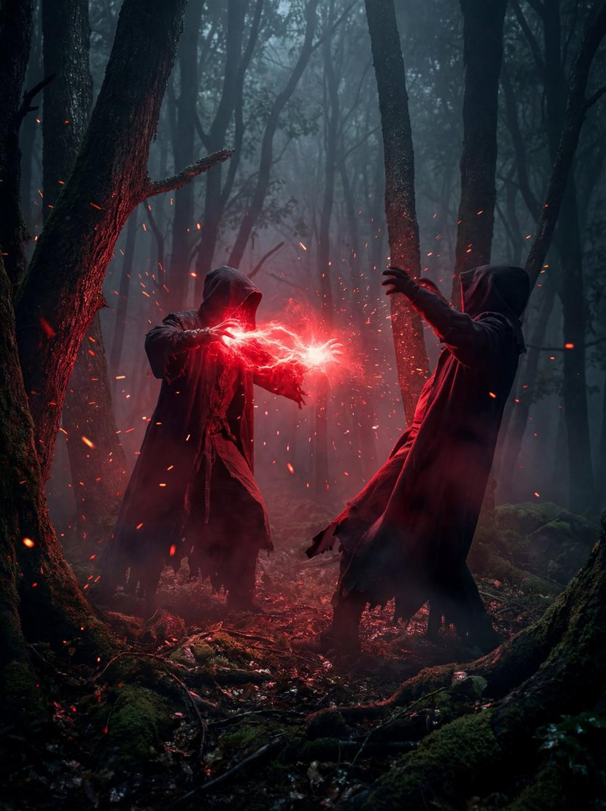A dramatic cinematic scene in a dark foggy forest where two