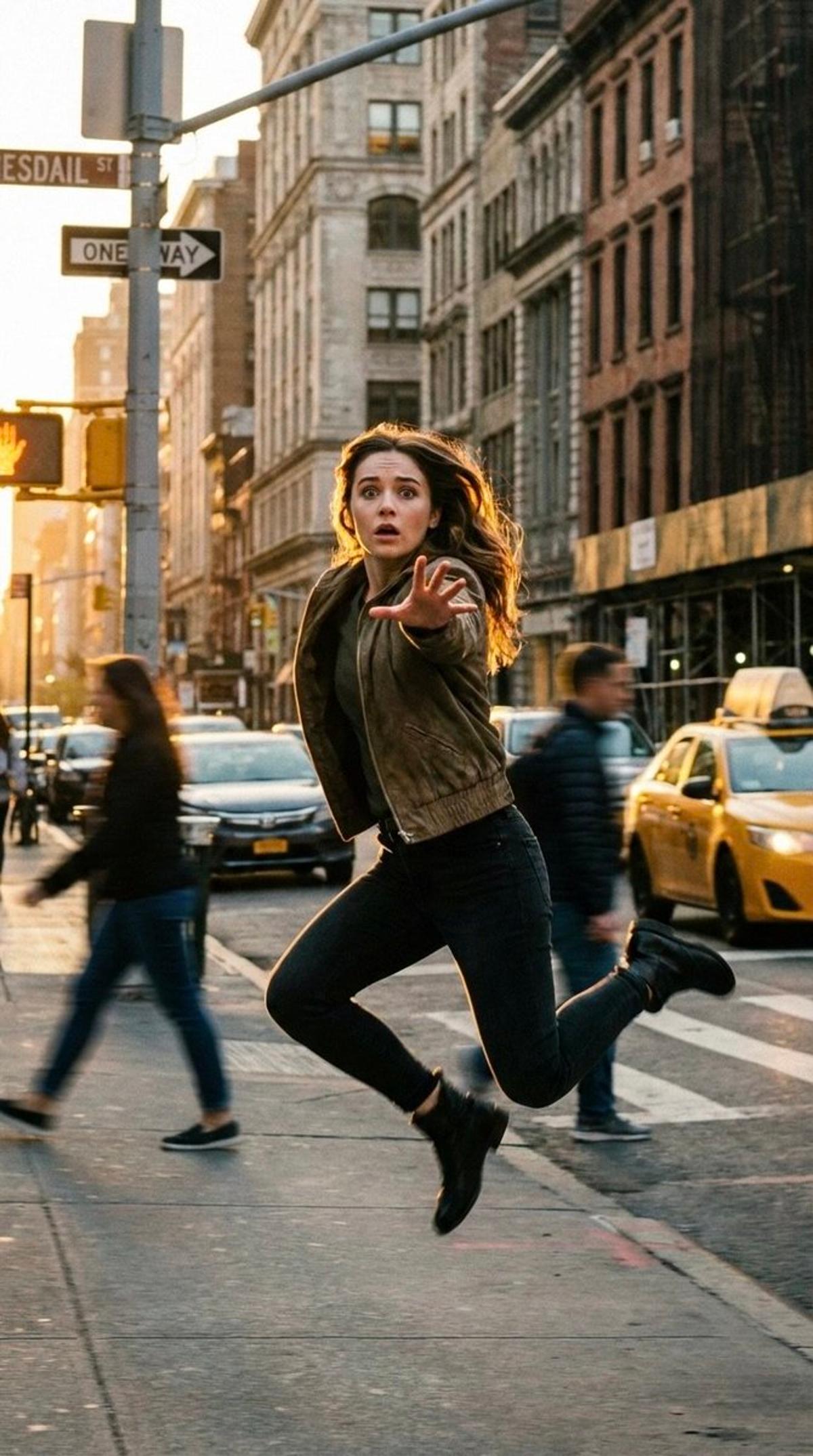 A cinematic freeze-frame shot of a young woman suspended in
