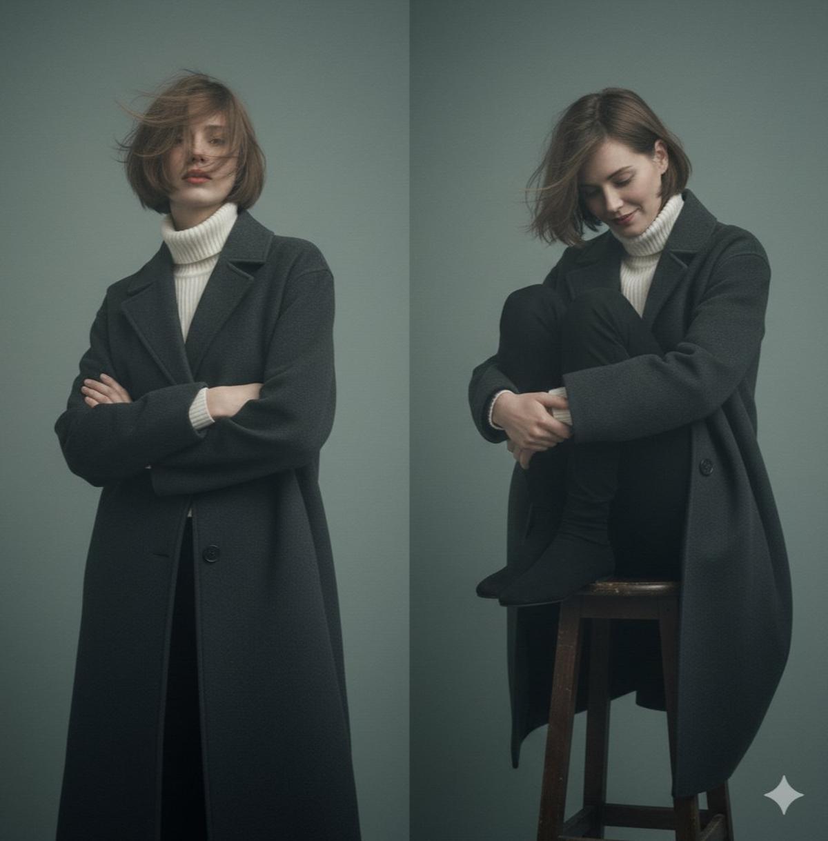 Left Pane: A young woman with a bob haircut stands facing th