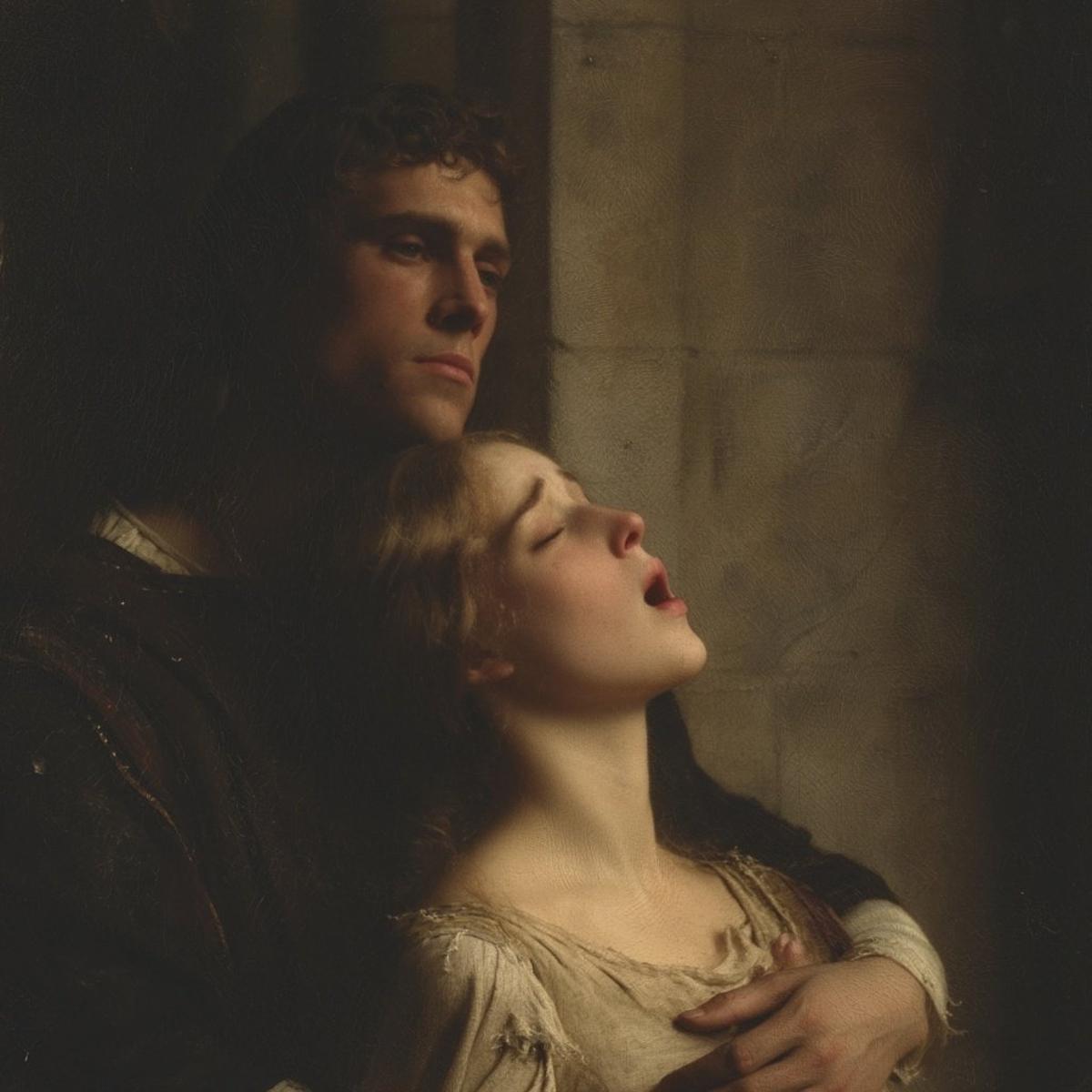 A melancholic medieval young woman with a soft, sorrowful ga