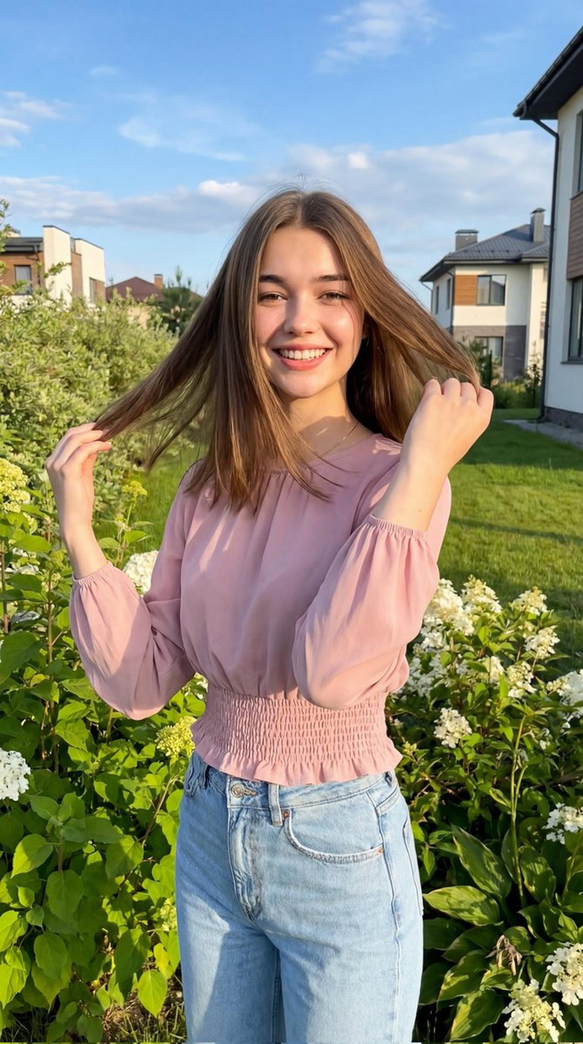A cheerful young woman standing outdoors in a lush green gar