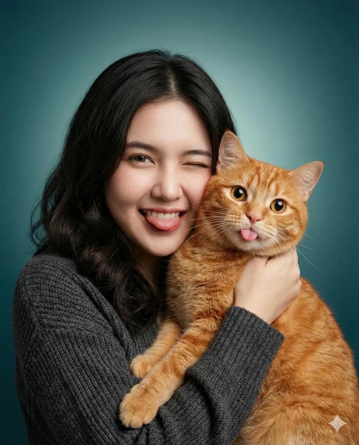 A heartwarming studio portrait of a young woman holding a cu