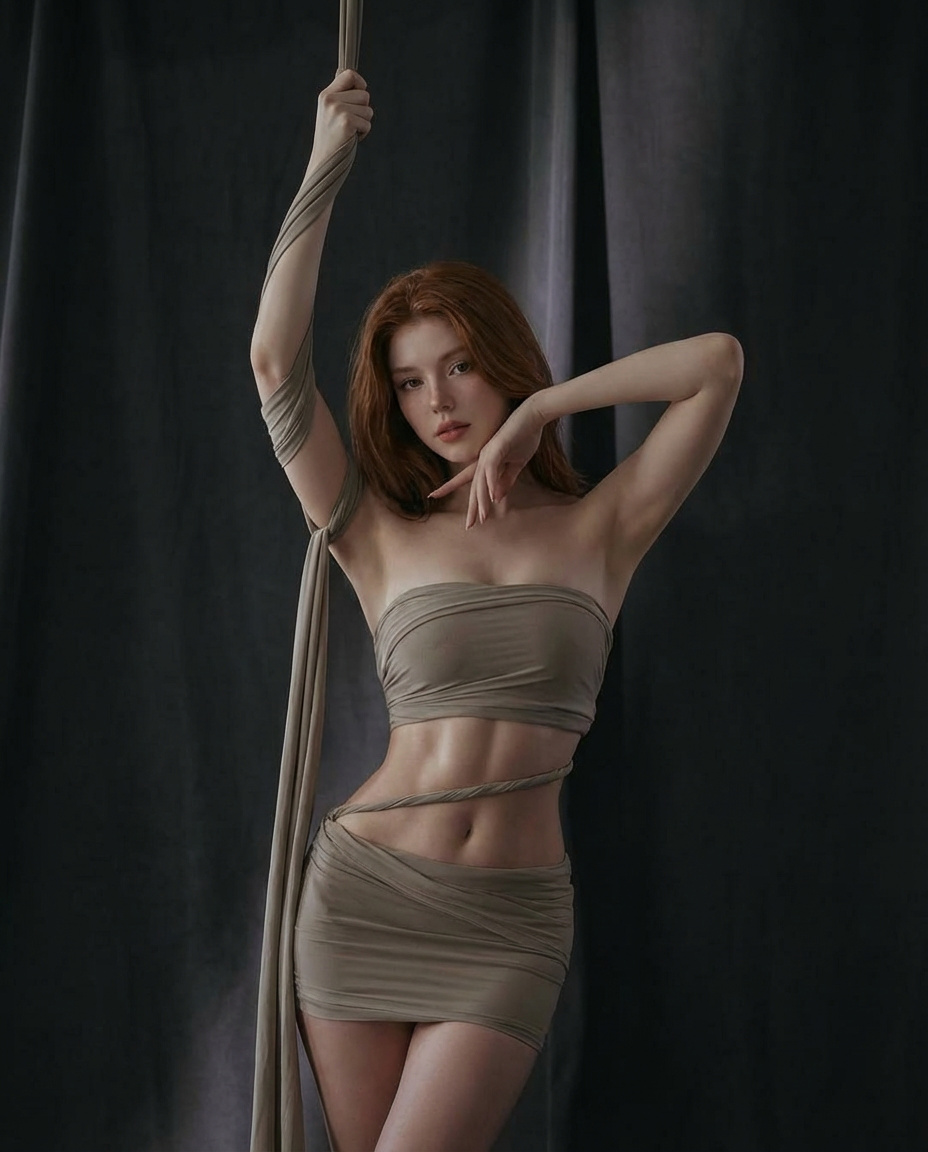 {
"scene": "A young woman posing indoors against dark curt