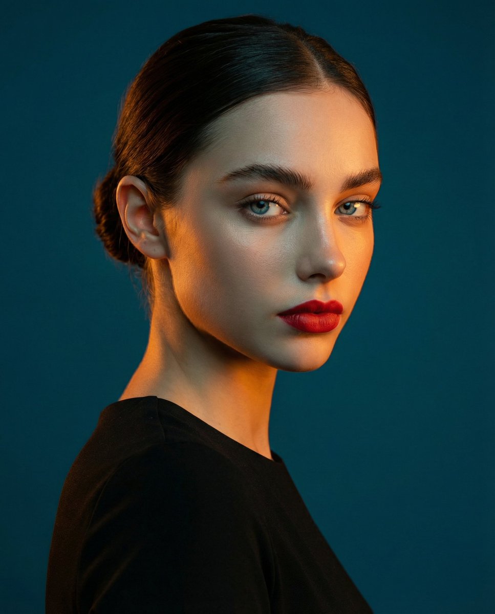 A studio portrait, medium shot of a
woman. High-contrast li