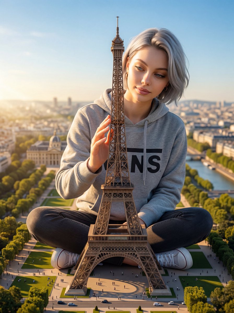 A titanic 600-meter tall woman sitting cross-legged on Champ