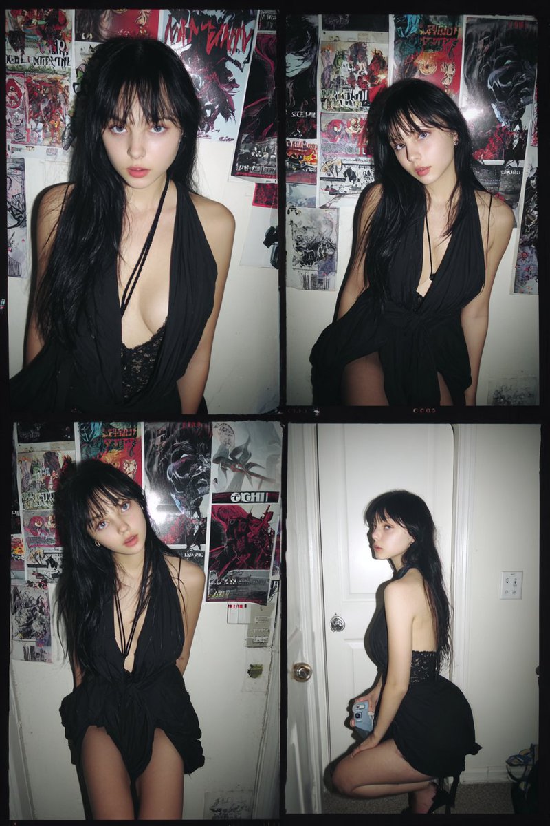 A 4 panel photo collage of a slender woman in her 20s, shot