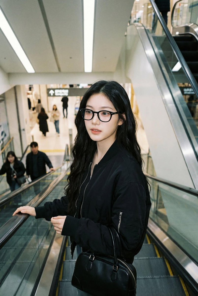 Photorealistic iPhone candid of a woman on an escalator, usi
