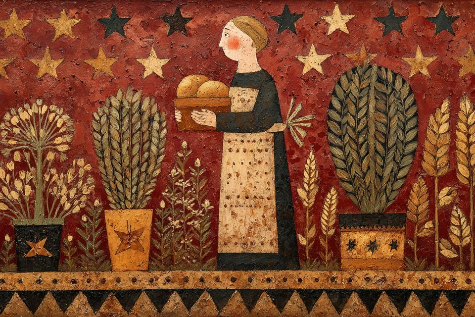 A naive folk art painting of [subject], surrounded by symbol