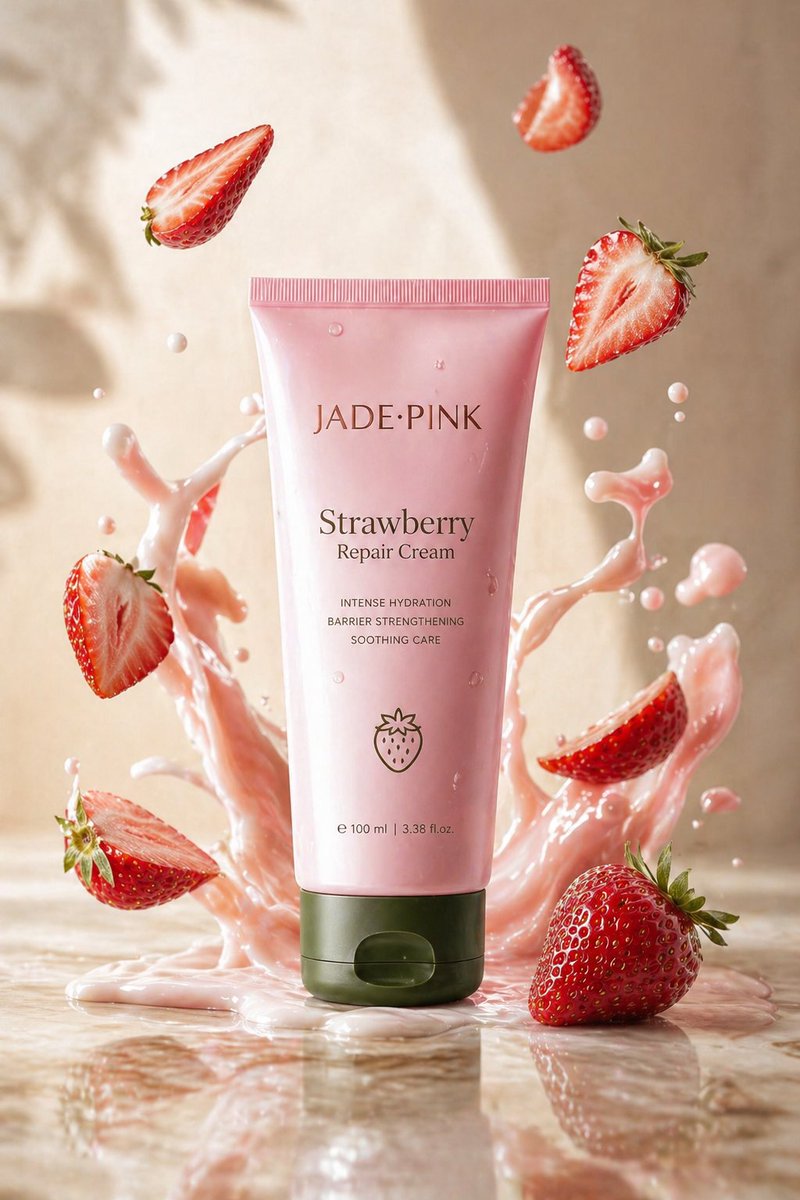 A sleek jade-pink tube labeled "Strawberry Repair Cream" upr