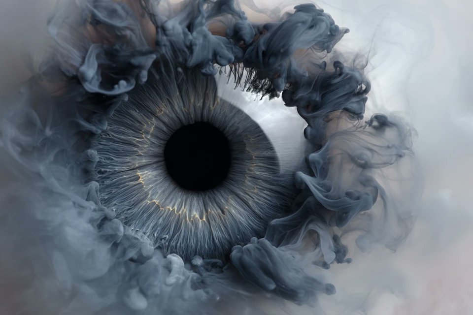 A [subject] emerges from swirling liquid plumes suspended in