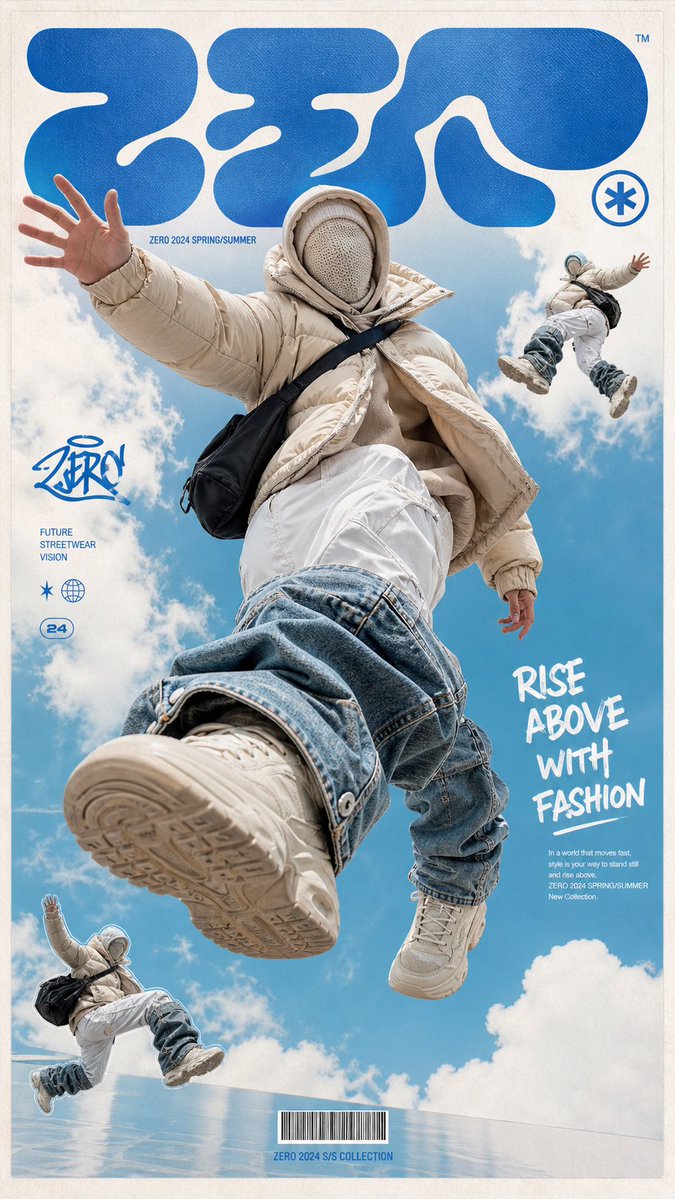 一张高端潮流街头服装海报,画面主体是一位无脸的未来感模特漂浮跳跃在天空中,穿着超大号米色羽绒服、层叠兜帽和针织面罩,面部