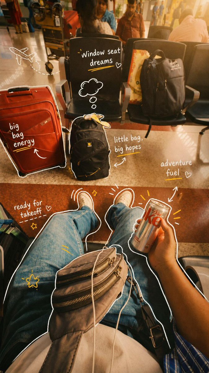 POV travel photography of a person sitting at an airport and