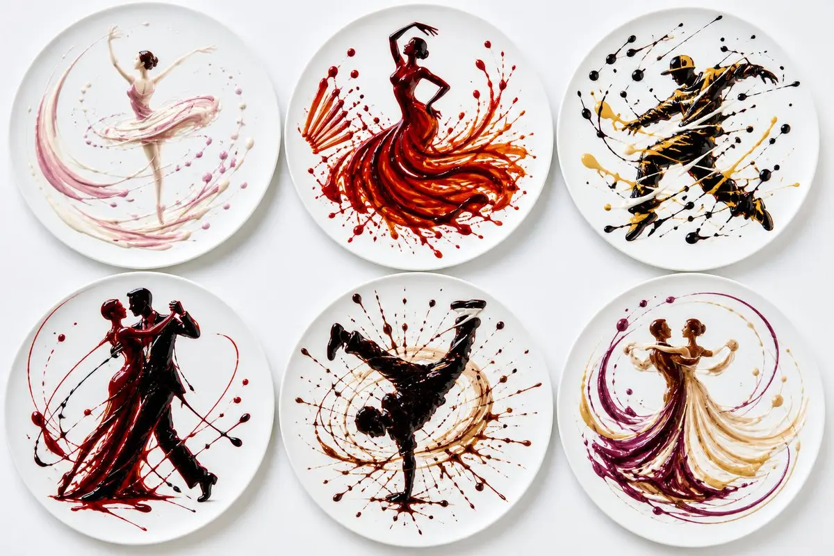 Six round white plates, each with a different dance form exp