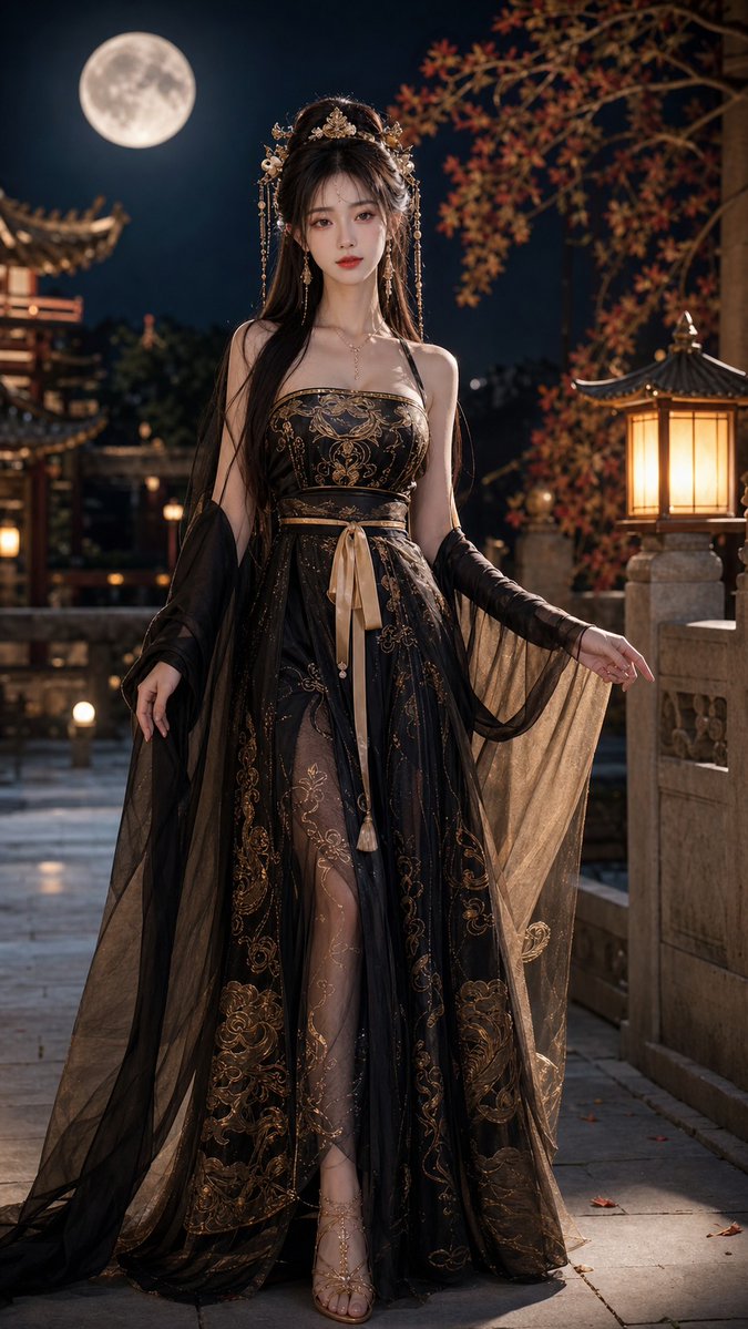 18歲中國美女,成年女性,精緻五官,長髮,身材修長,穿著性感但高雅的黑金色唐制齊胸襦裙改良漢服,薄紗披帛,金色雲紋刺繡,