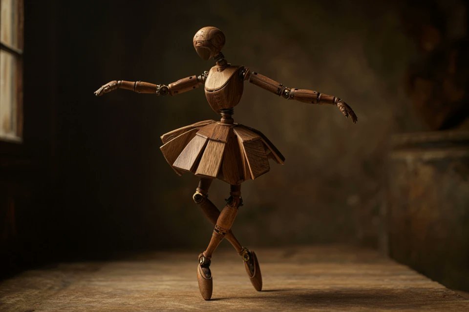 A wooden automaton version of a [subject], jointed with bras