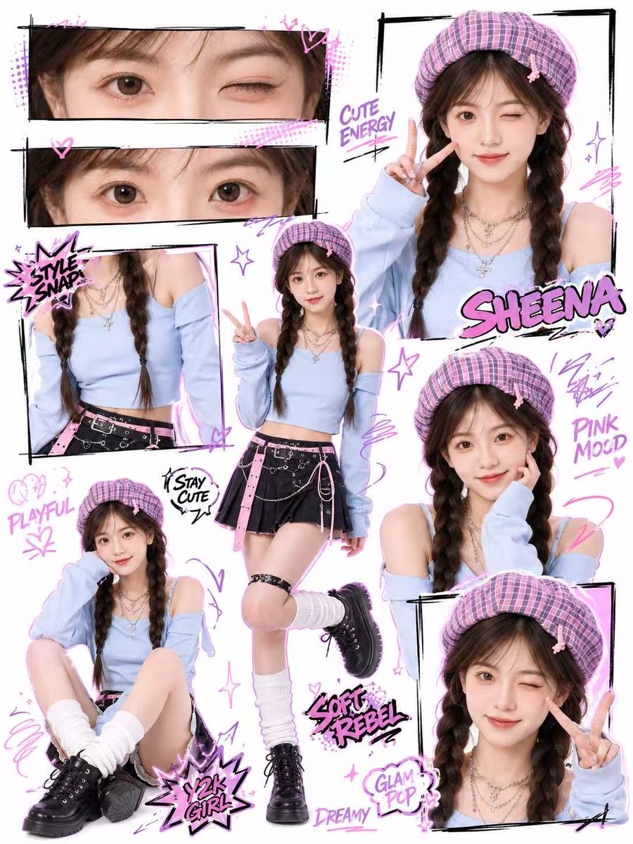 Create a high-quality Y2K kawaii street-style collage poster