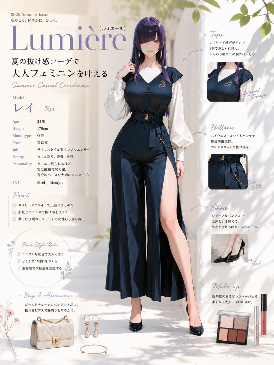 A stylish young woman with sleek, dark violet hair stands in