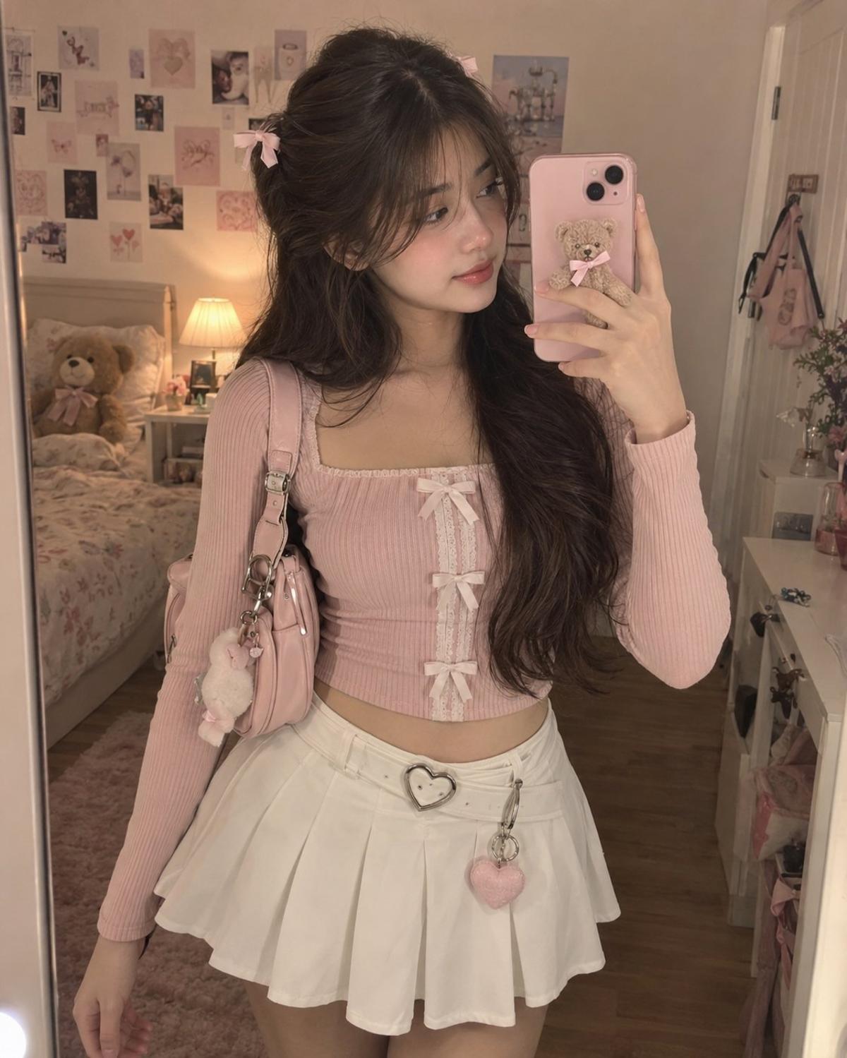 Pastel Pink Bedroom Mirror Selfie (Ribbed Crop Top & Pleated Skirt)