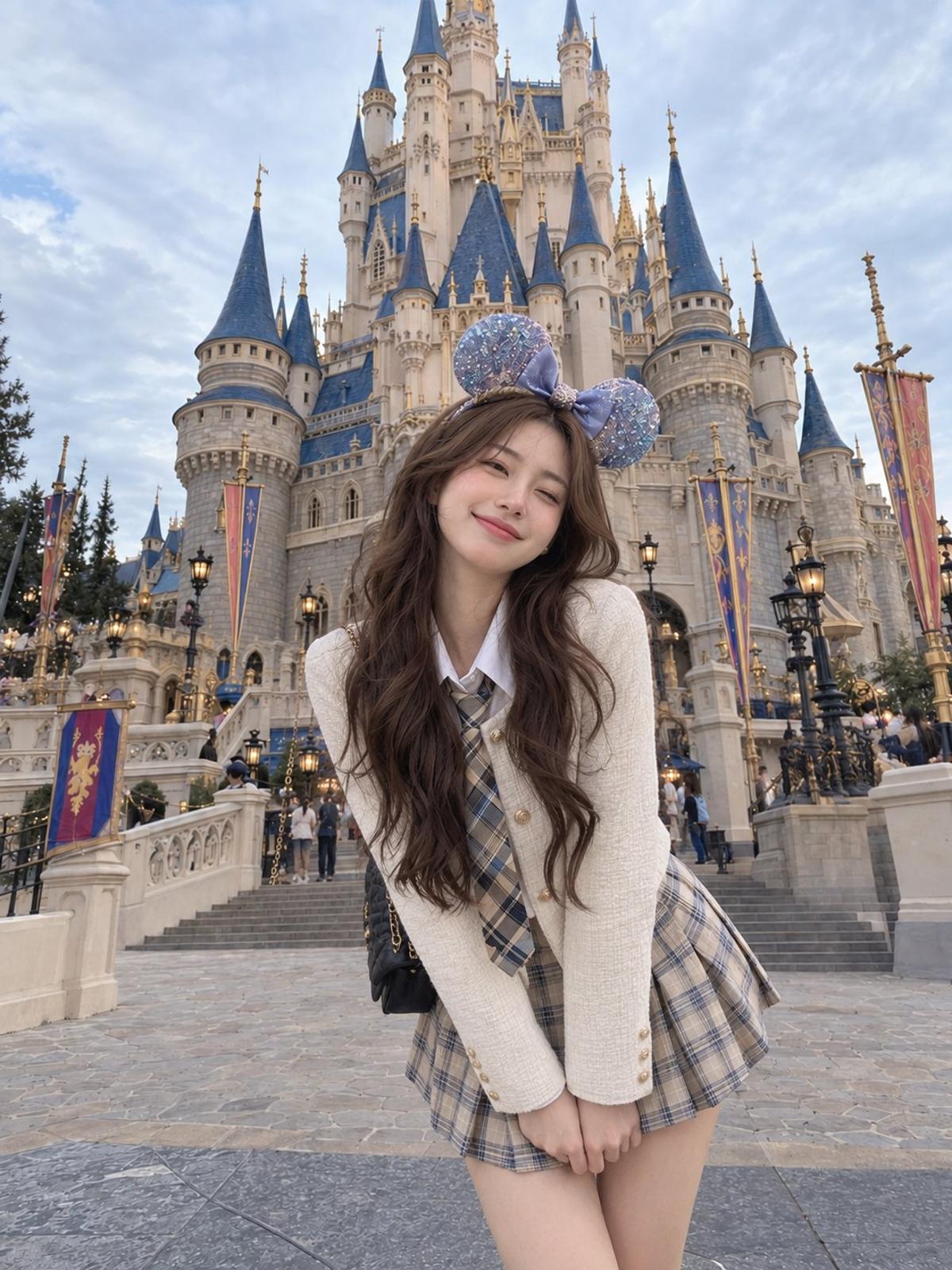 Fairytale Castle Travel Snapshot (Mouse-Ear Headband & Plaid Skort)