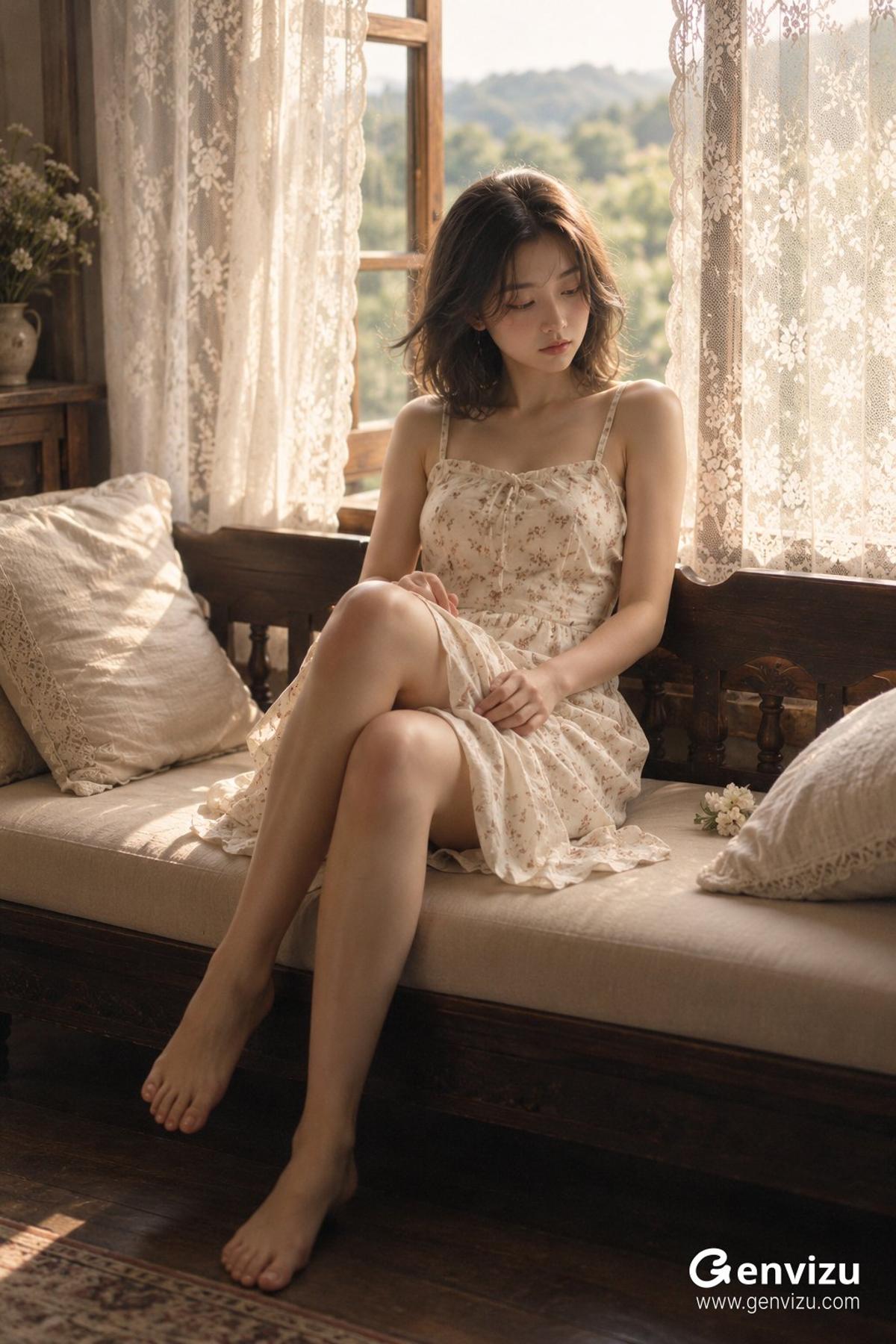 Quiet Window-Bench Portrait with Lace Curtains and a Floral Sundress