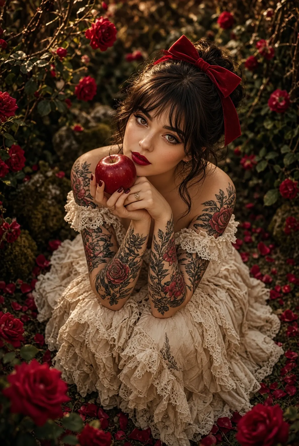 Dark Fairytale Portrait in a Crimson Rose Garden