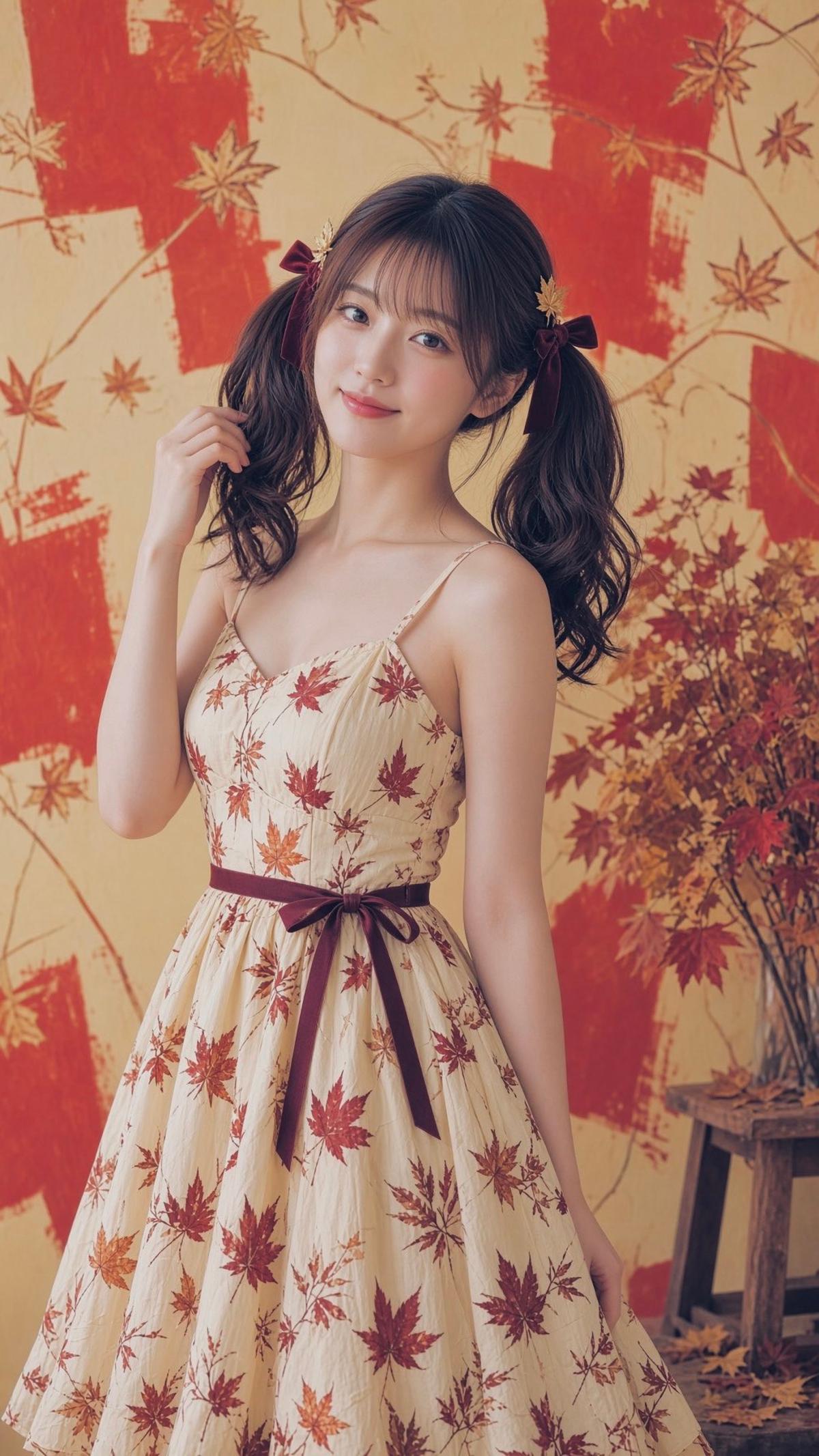 Autumn maple forest portrait in a cream vintage dress