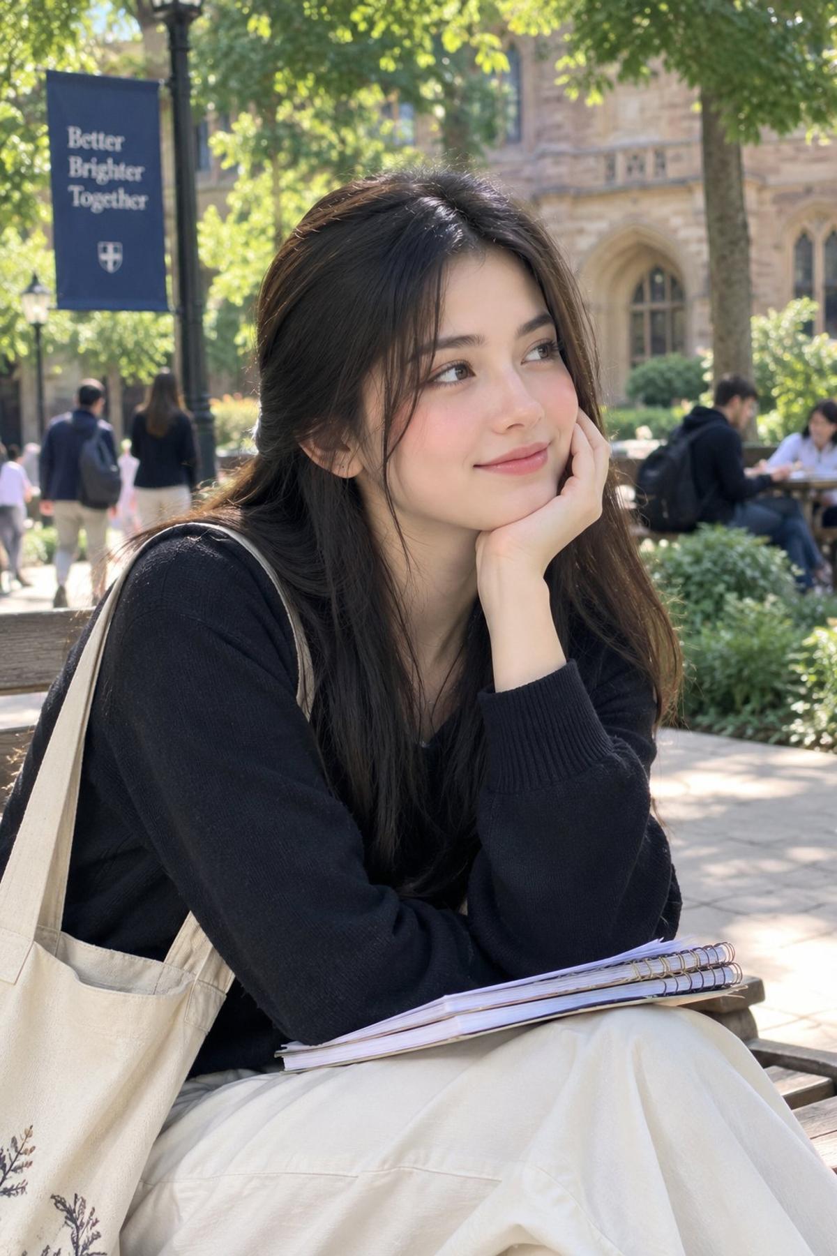 Thoughtful Campus Bench Portrait in Dappled Sunlight
